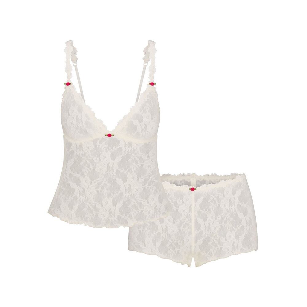 SKIMS Stretch Lace Triangle Camisole & Short Set, 2X, Ecru (Ivory)